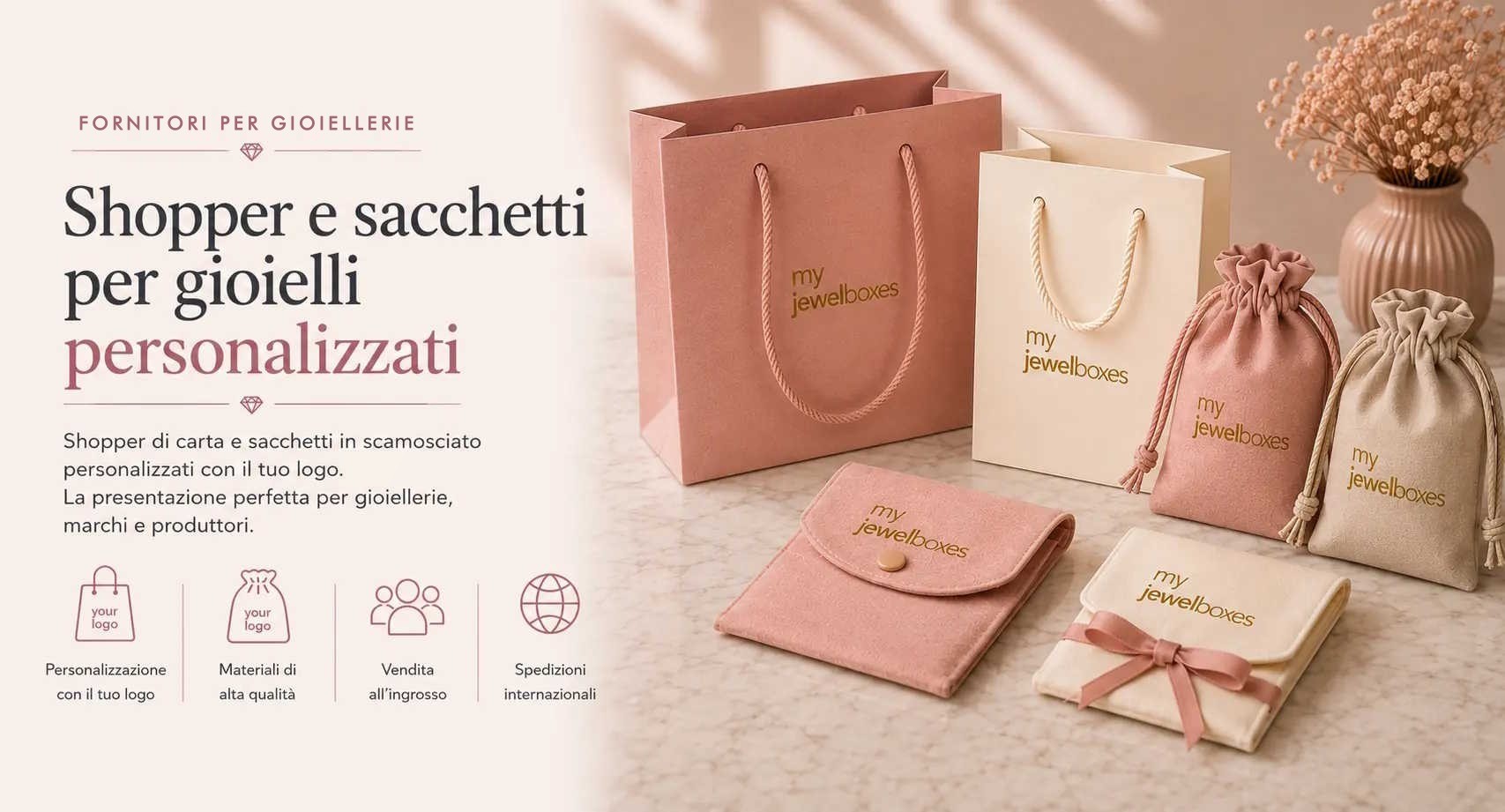 Shopper per gioielleria personalizzate in carta e suede con logo MyJewelBoxes